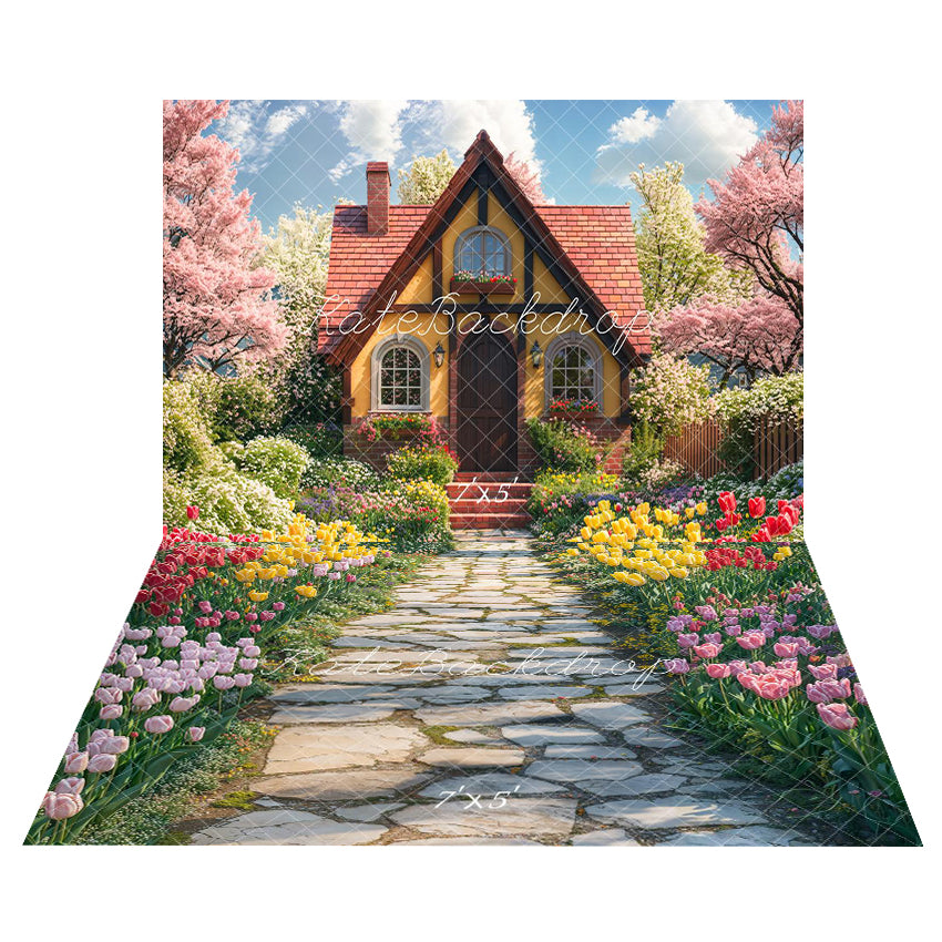 Kate Spring Cottage Flowers Backdrop+Tulip Garden Path Floor Backdrop -UK