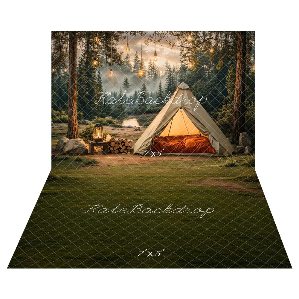 Kate Camping Forest Tent Lights Backdrop+Green Field Floor Backdrop