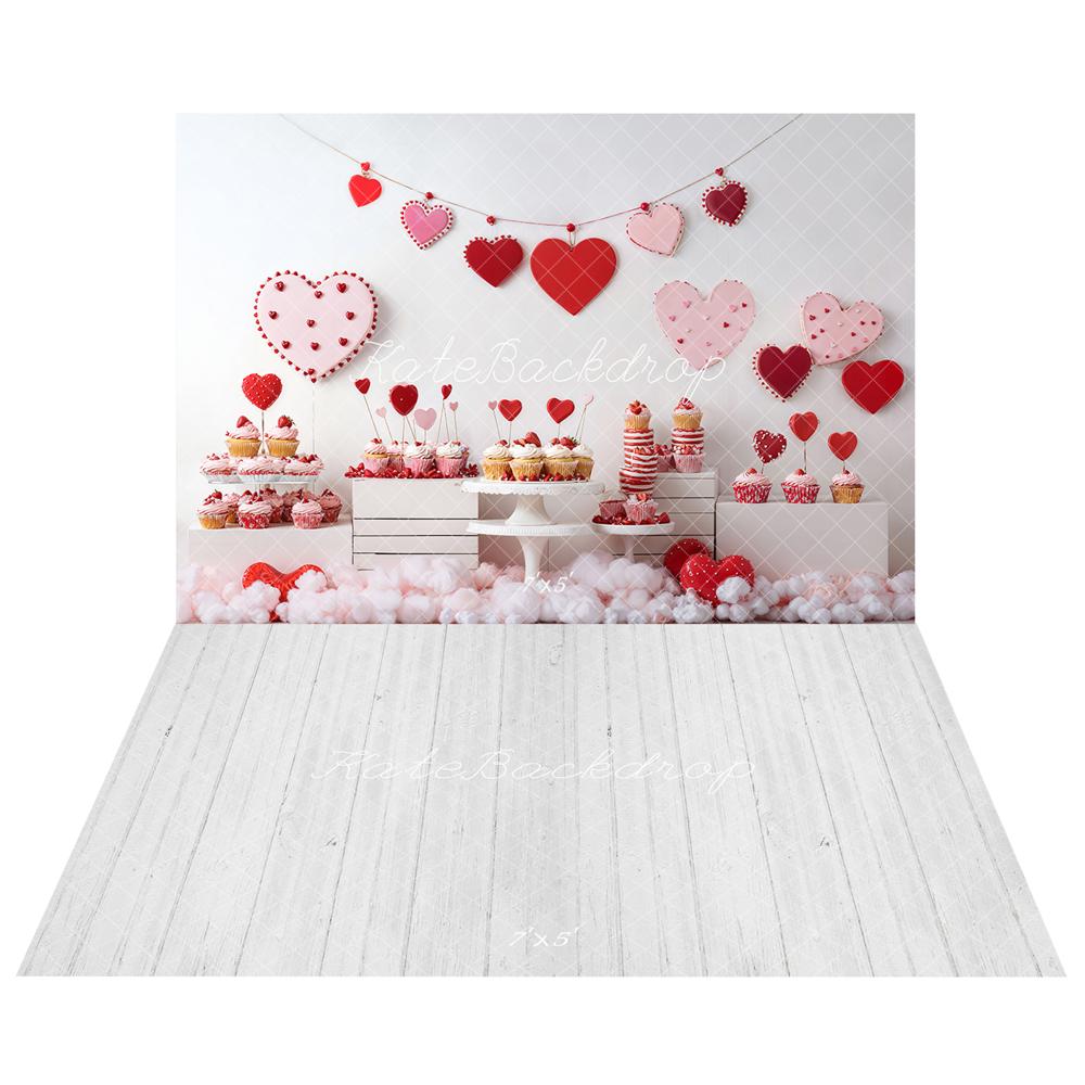 Kate Valentine Heart Dessert Cupcake Backdrop+White Gray Wood Floor Backdrop