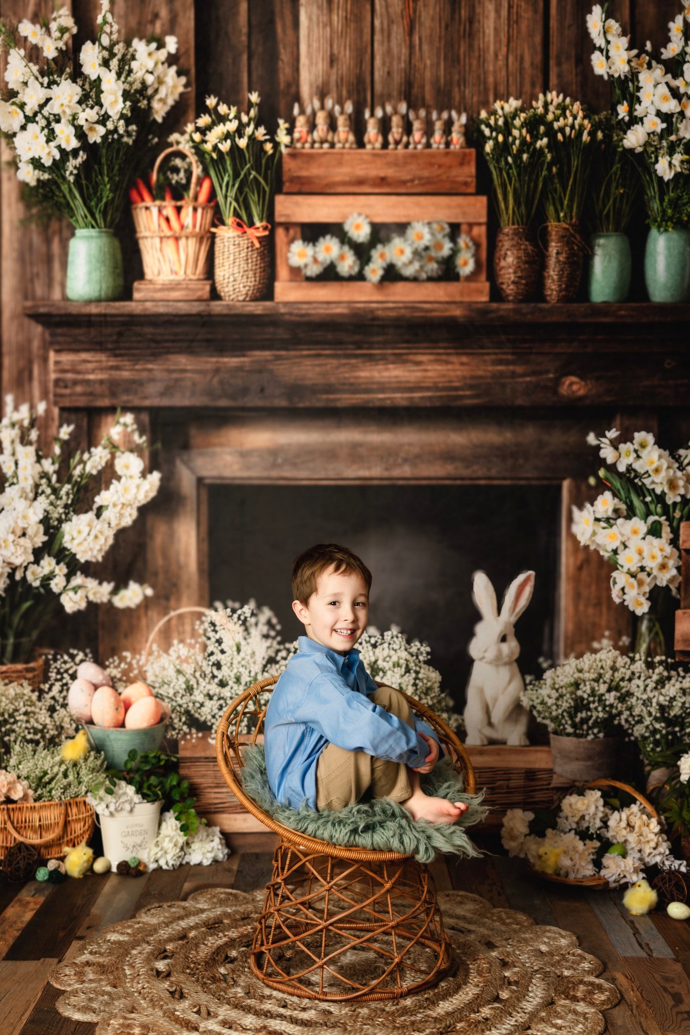 Kate Easter Fireplace Bunny Rustic Floral Backdrop Designed by Emetselch