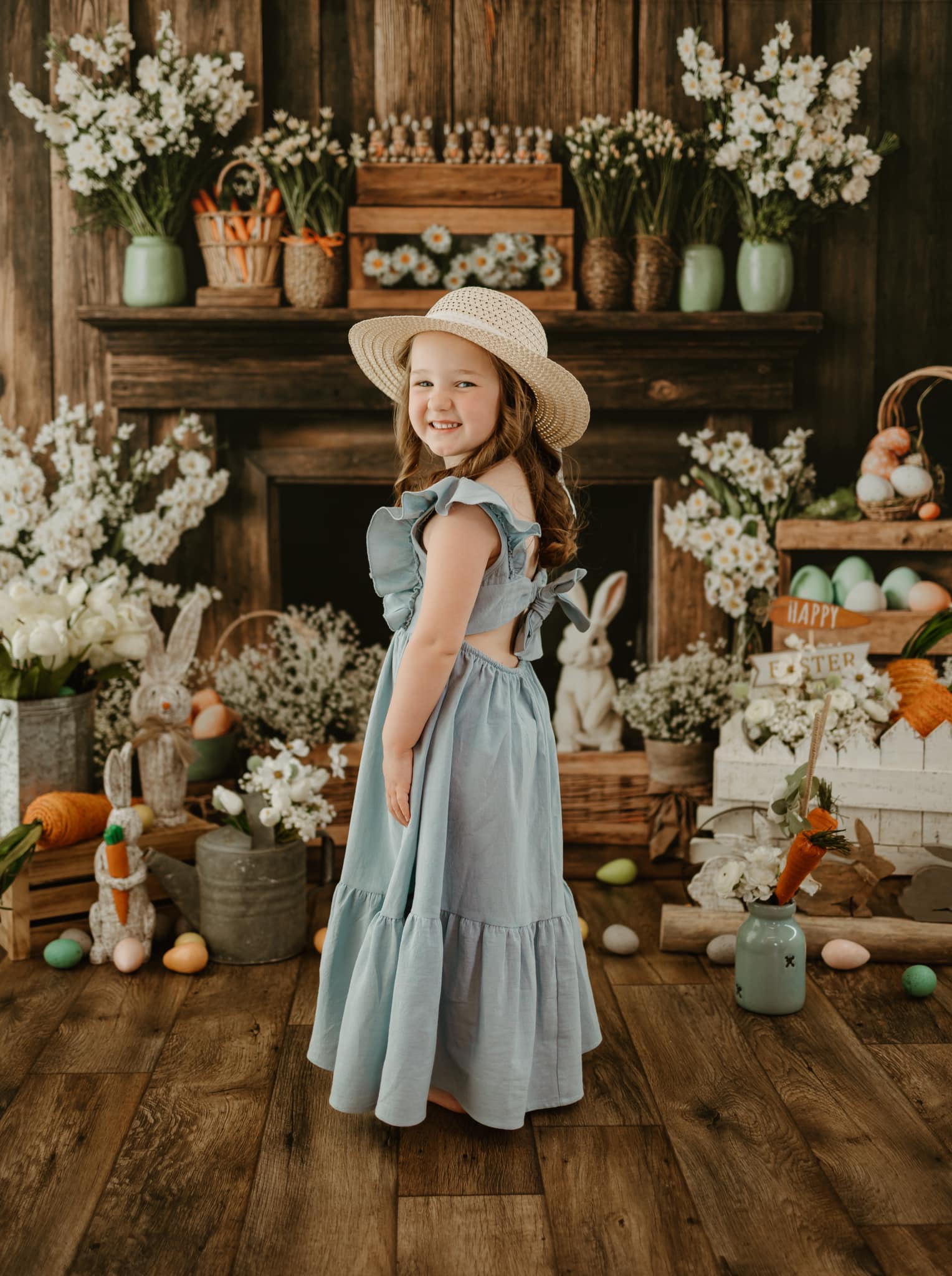 Kate Easter Fireplace Bunny Rustic Floral Backdrop Designed by Emetselch