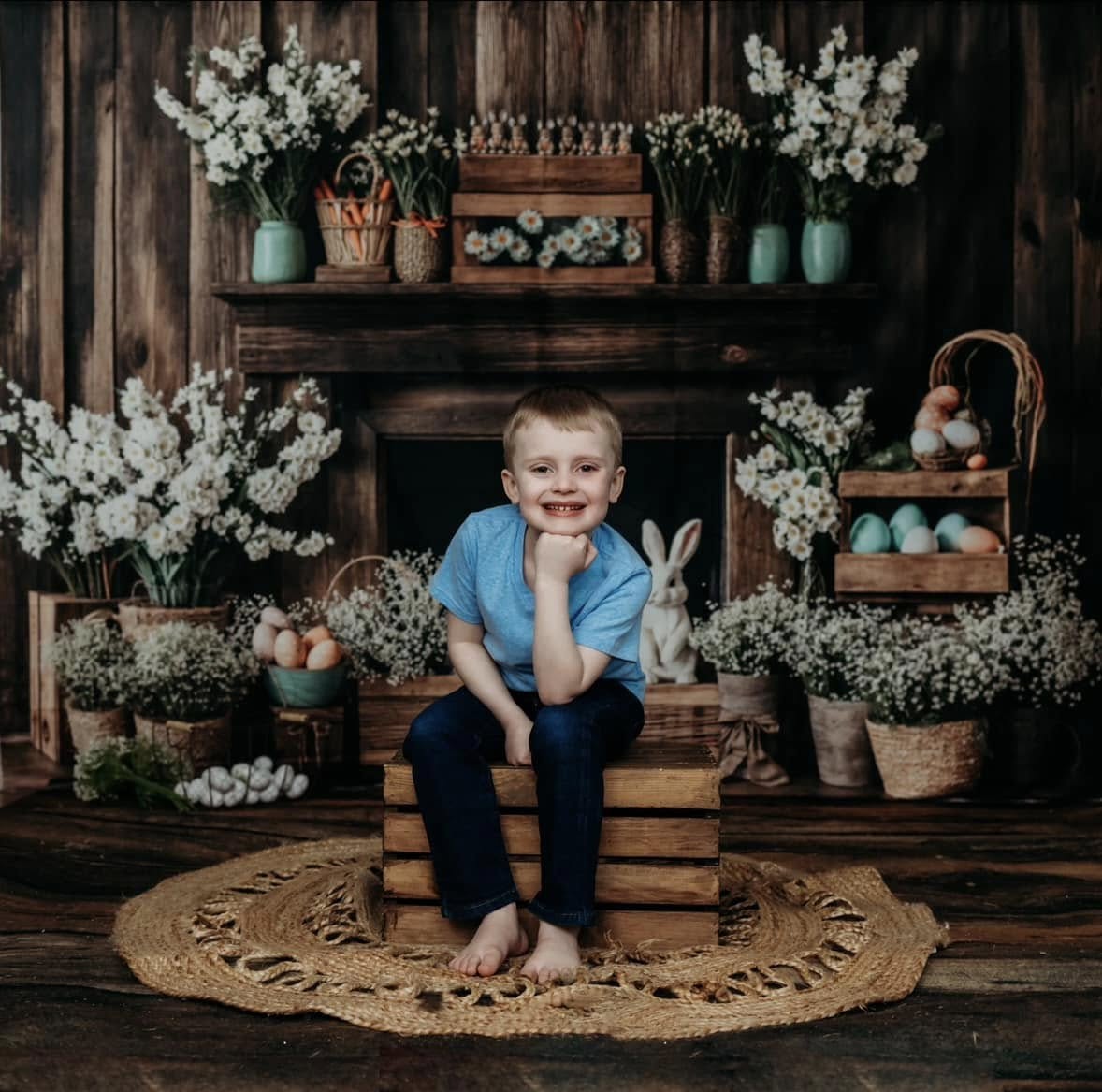 Kate Easter Fireplace Bunny Rustic Floral Backdrop Designed by Emetselch