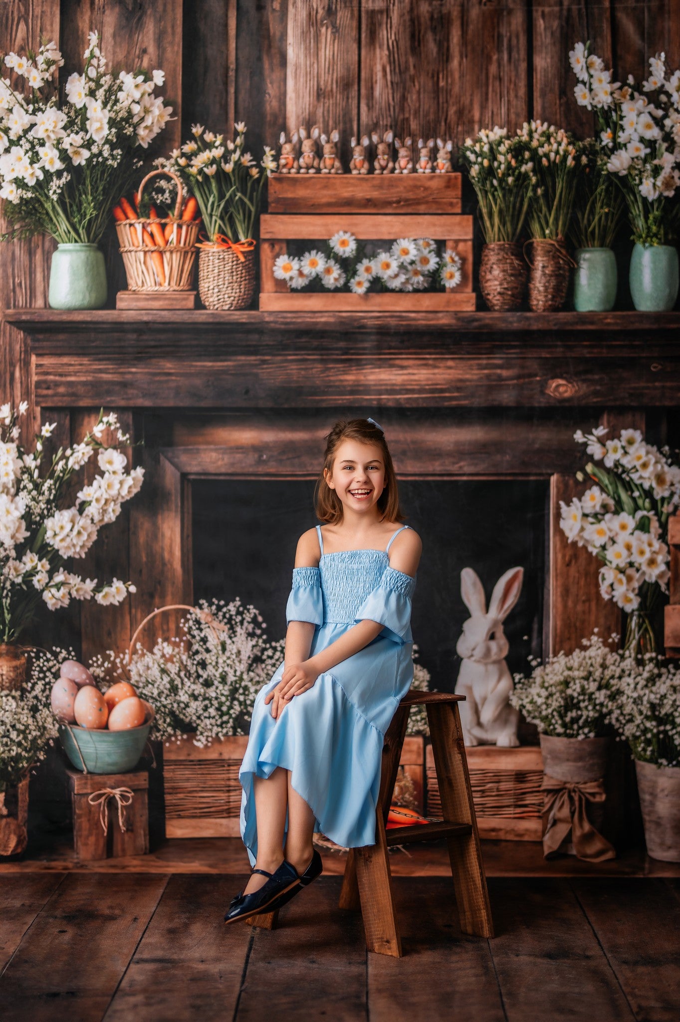 Kate Easter Fireplace Bunny Rustic Floral Backdrop Designed by Emetselch -UK