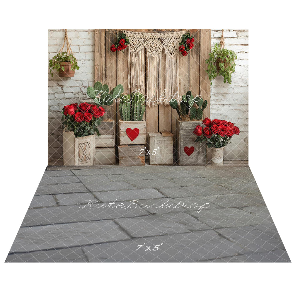 Kate Valentine Boho Floral Cactus Rustic Backdrop+Stone Brick Gray Floor Backdrop -UK