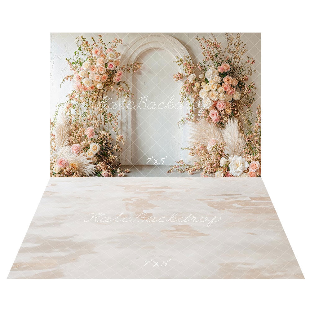 Kate Boho Spring Floral Arch Wedding Backdrop+Neutral Abstract Texture Beige Floor Backdrop