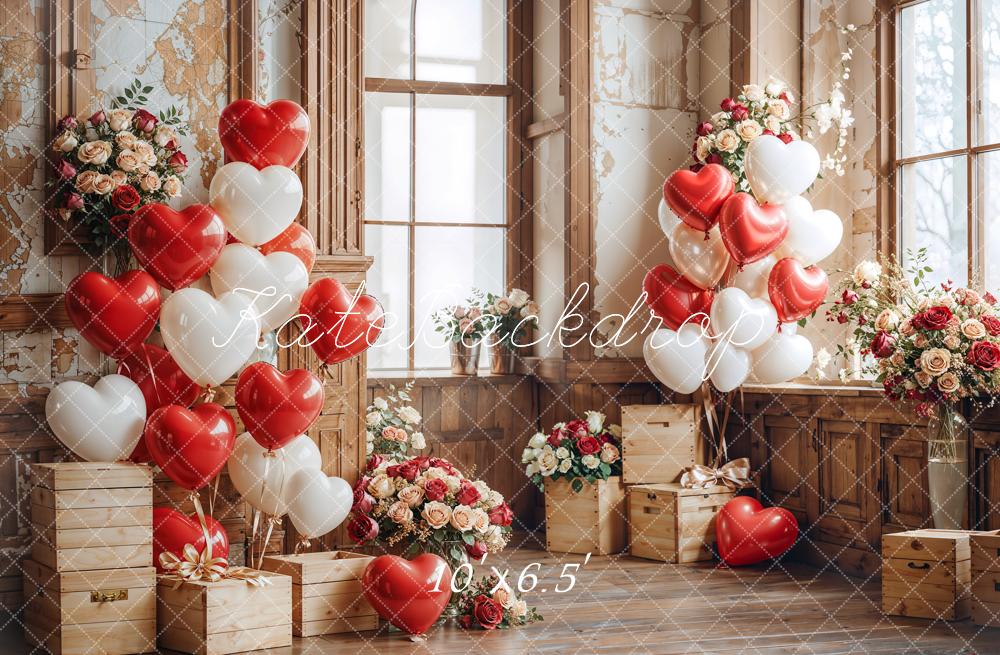 Kate Valentine Heart Balloons Wooden Vintage Backdrop Designed by Emetselch -UK