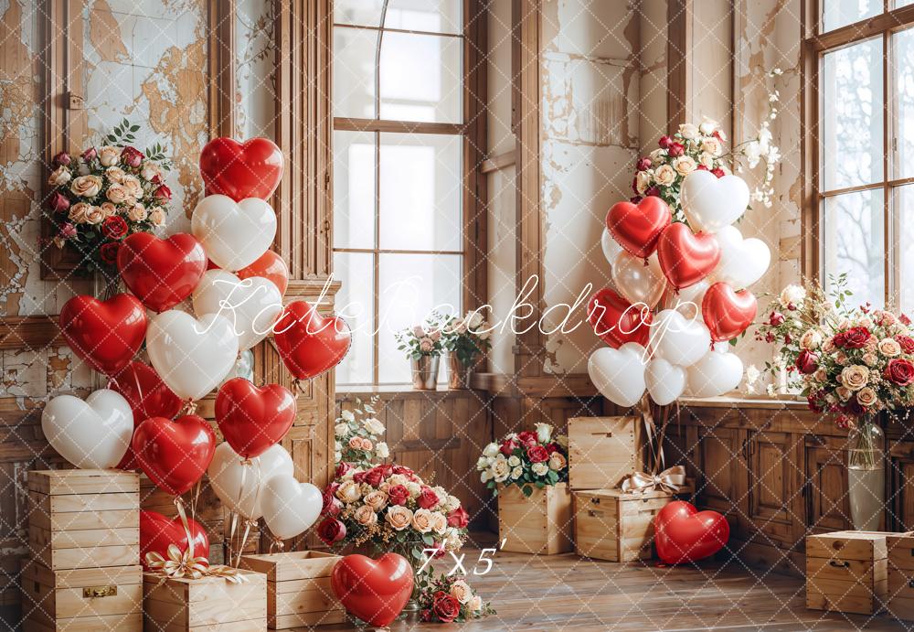 Kate Valentine Heart Balloons Wooden Vintage Backdrop Designed by Emetselch -UK