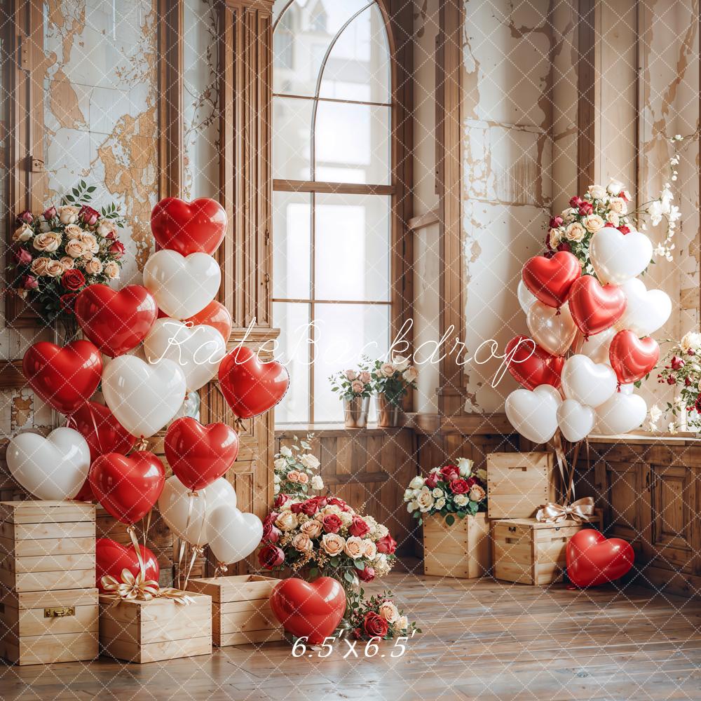 Kate Valentine Heart Balloons Wooden Vintage Backdrop Designed by Emetselch -UK