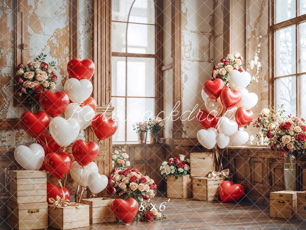 Kate Valentine Heart Balloons Wooden Vintage Backdrop Designed by Emetselch -UK