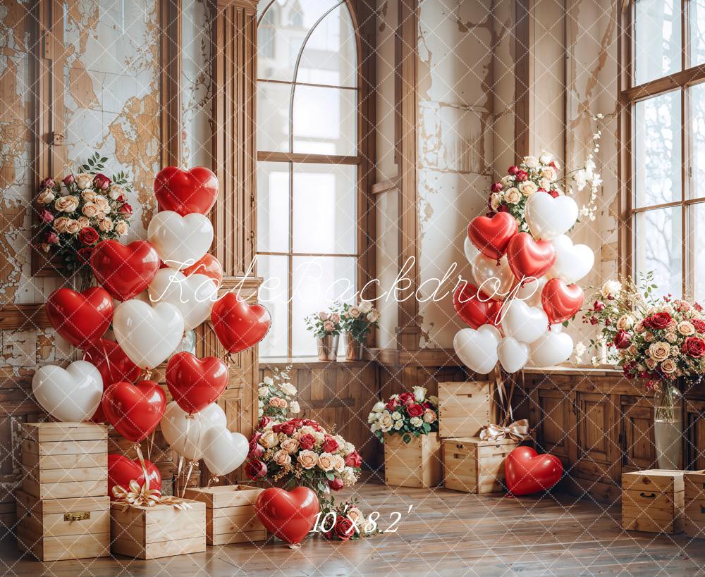 Kate Valentine Heart Balloons Wooden Vintage Backdrop Designed by Emetselch -UK