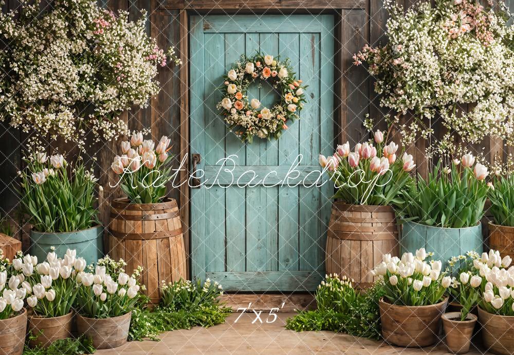 Kate Spring Floral Rustic Door Tulips Backdrop Designed by Emetselch