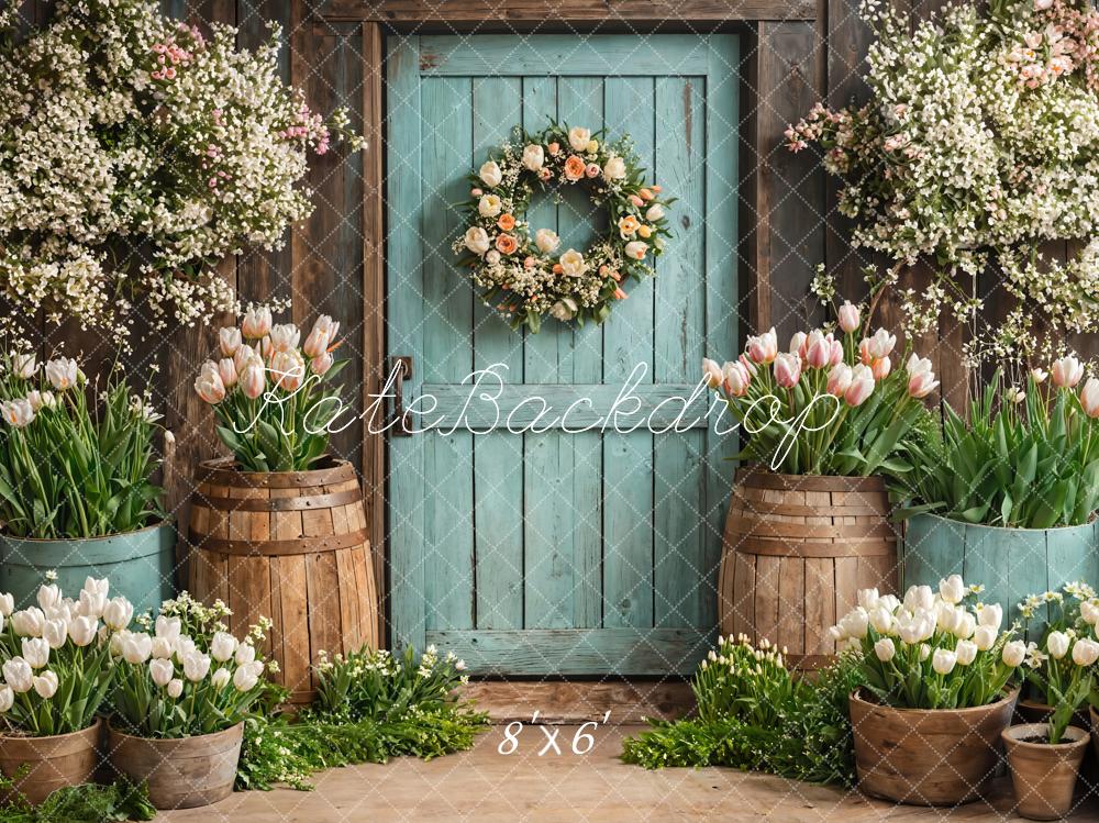 Kate Spring Floral Rustic Door Tulips Backdrop Designed by Emetselch