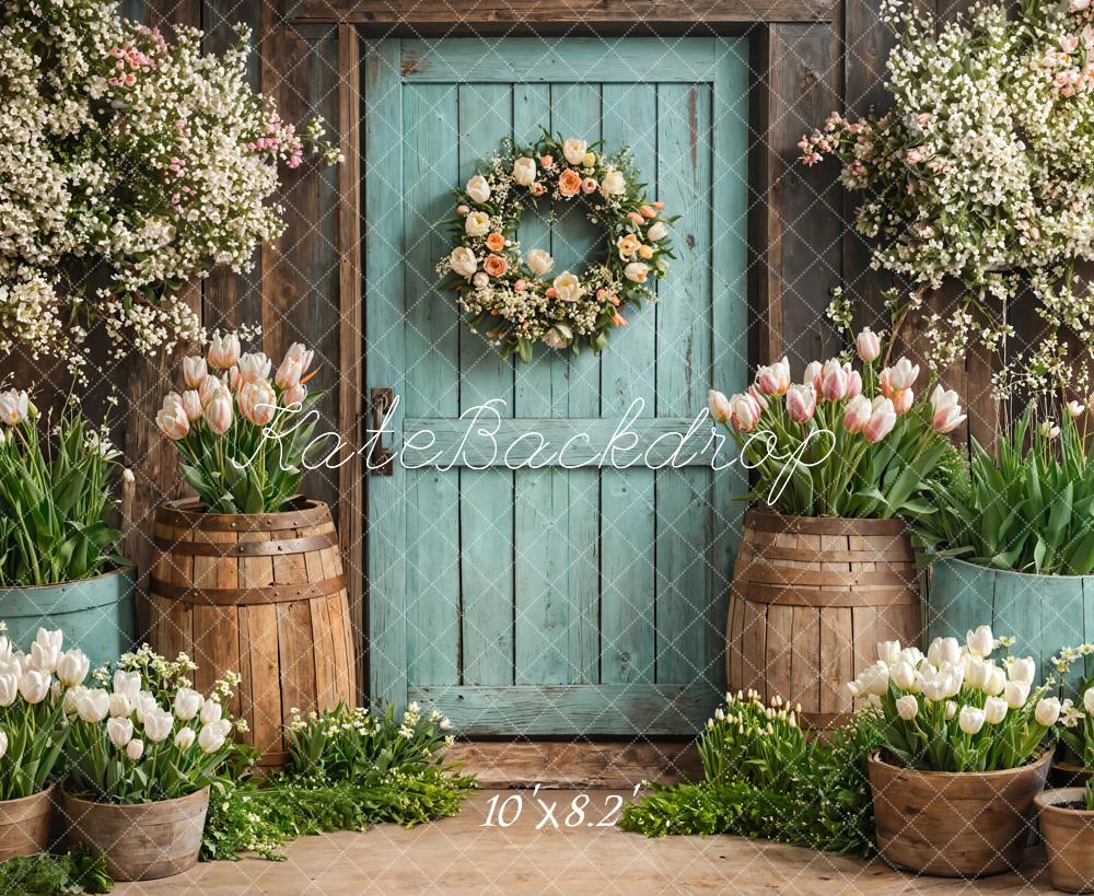 Kate Spring Floral Rustic Door Tulips Backdrop Designed by Emetselch