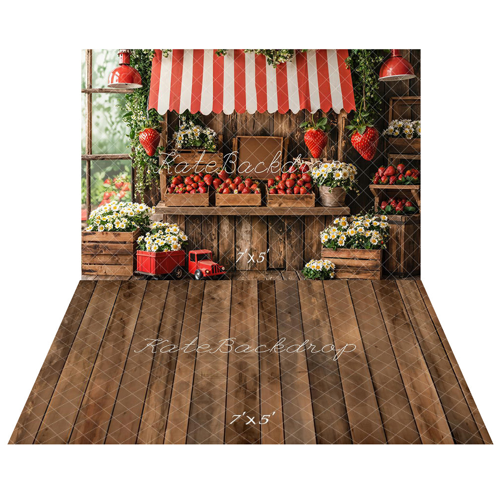 Kate Spring Strawberry Market Floral Backdrop+Brown Old Wooden Floor Backdrop