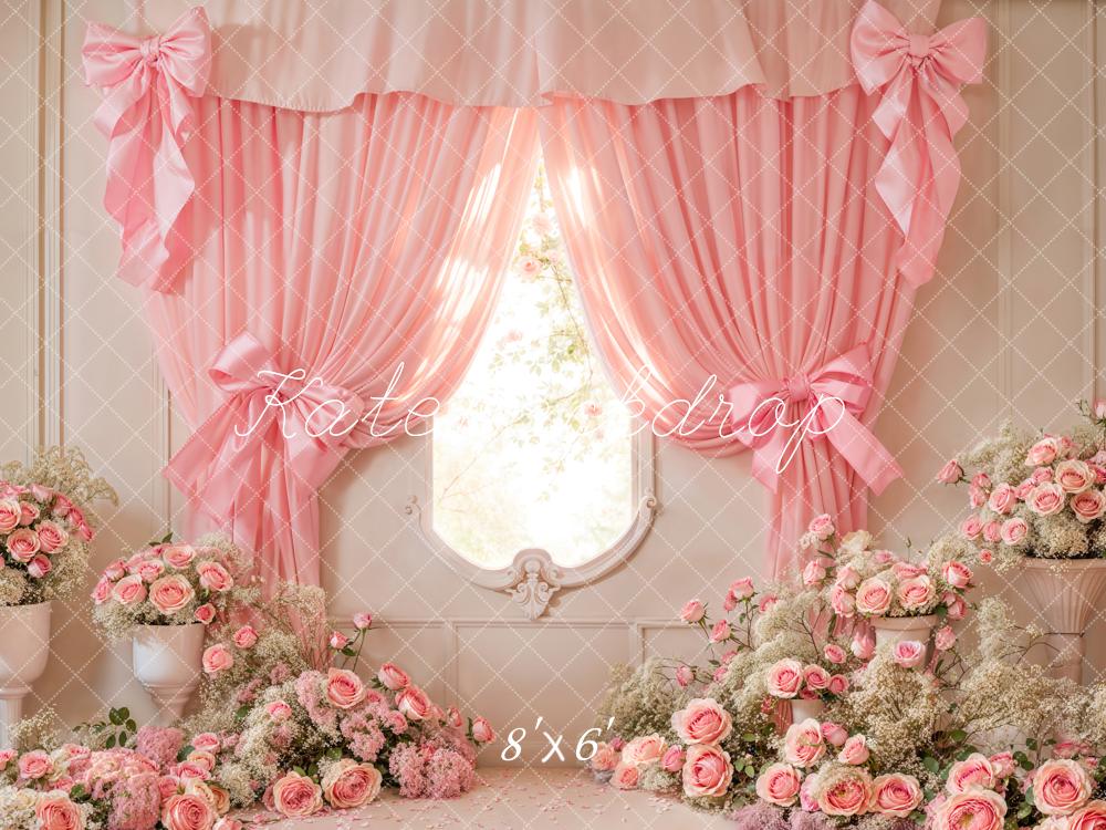 Kate Cake Smash Pink Floral Curtain Bow Backdrop Designed by Emetselch