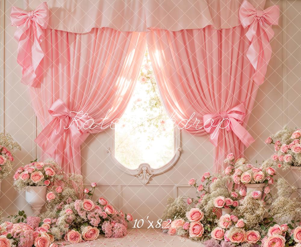 Kate Cake Smash Pink Floral Curtain Bow Backdrop Designed by Emetselch