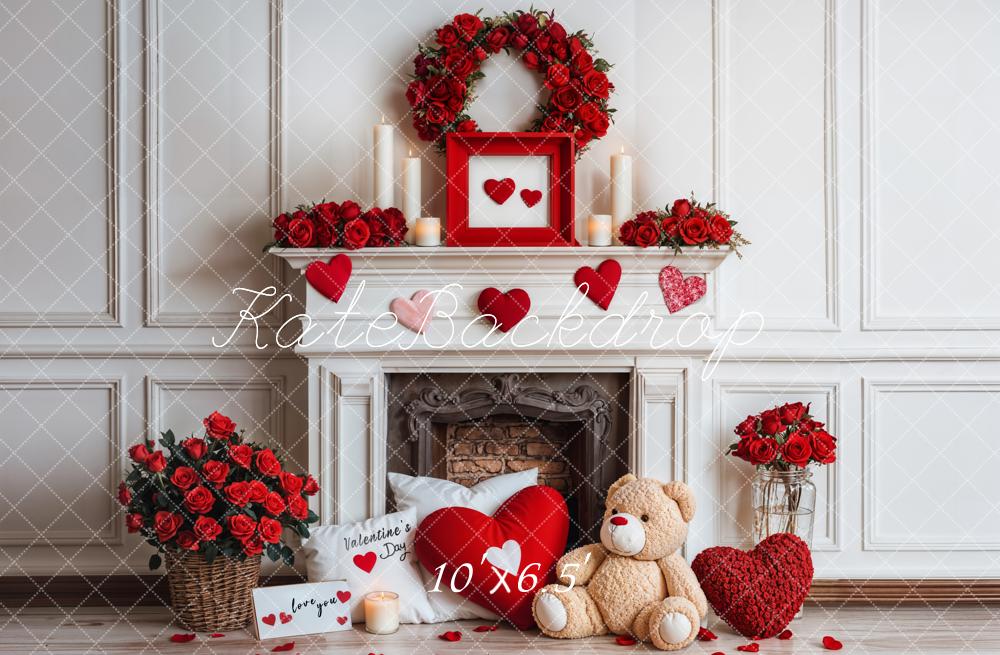 On Sale Kate Valentine Fireplace Teddy Bear Roses Backdrop Designed by Emetselch