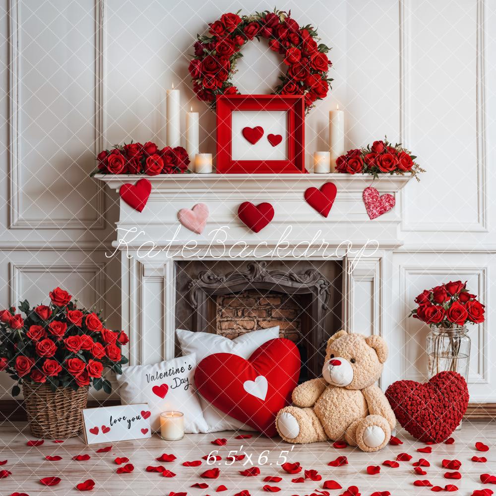 On Sale Kate Valentine Fireplace Teddy Bear Roses Backdrop Designed by Emetselch