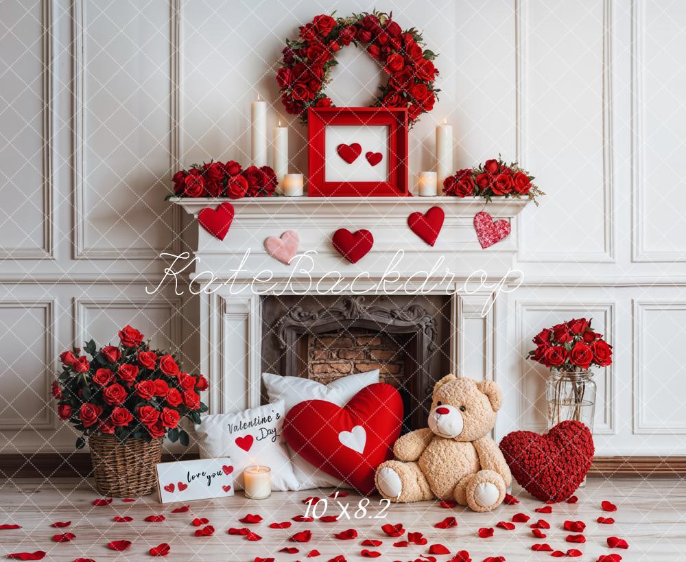 On Sale Kate Valentine Fireplace Teddy Bear Roses Backdrop Designed by Emetselch