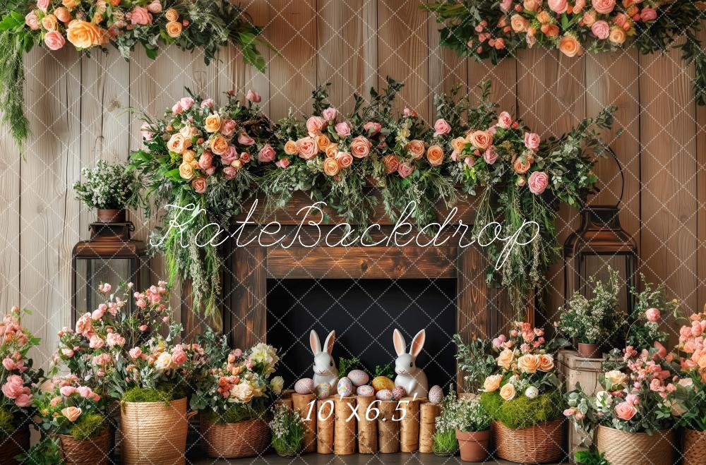 Kate Easter Bunny Floral Fireplace Wood Backdrop Designed by Patty Robert