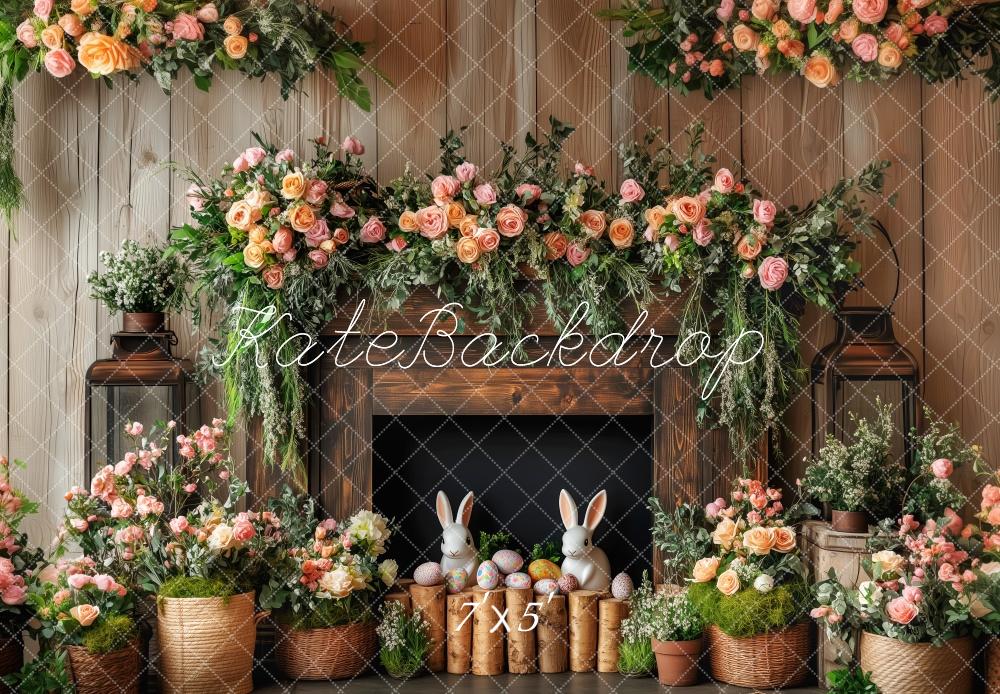 Kate Easter Bunny Floral Fireplace Wood Backdrop Designed by Patty Robert