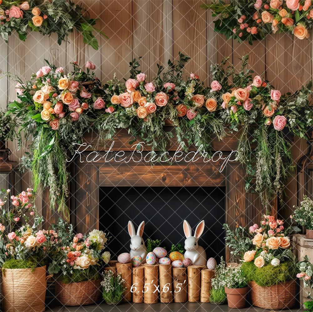 Kate Easter Bunny Floral Fireplace Wood Backdrop Designed by Patty Robert