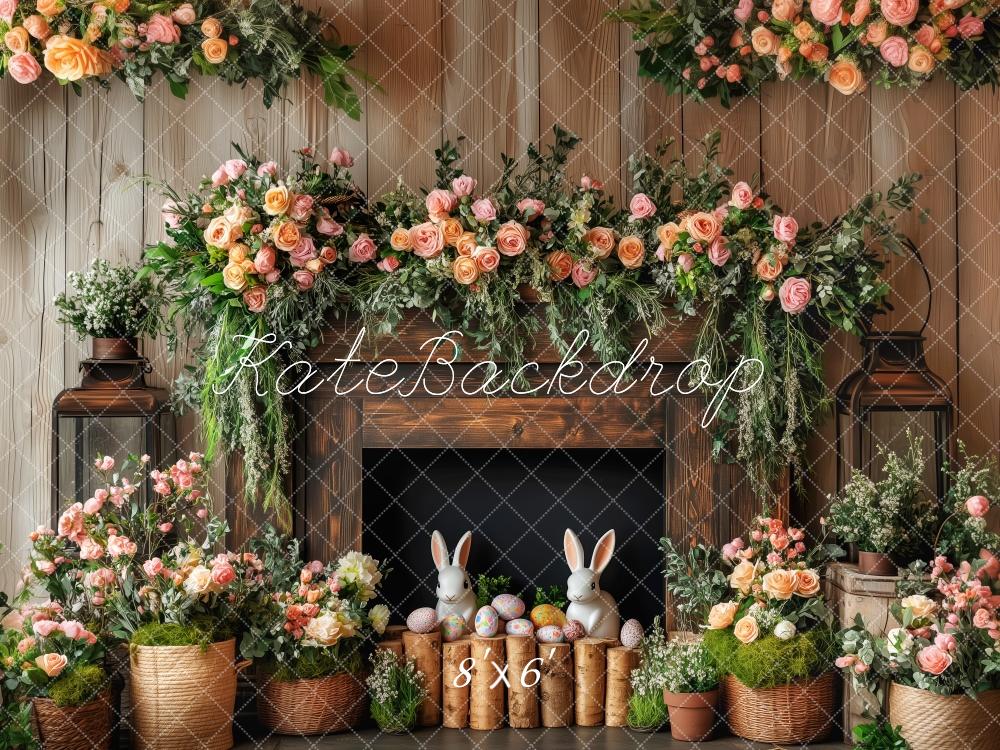 Kate Easter Bunny Floral Fireplace Wood Backdrop Designed by Patty Robert