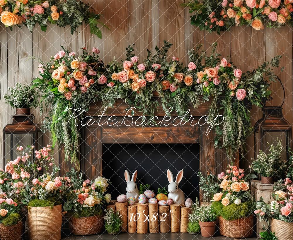 Kate Easter Bunny Floral Fireplace Wood Backdrop Designed by Patty Robert