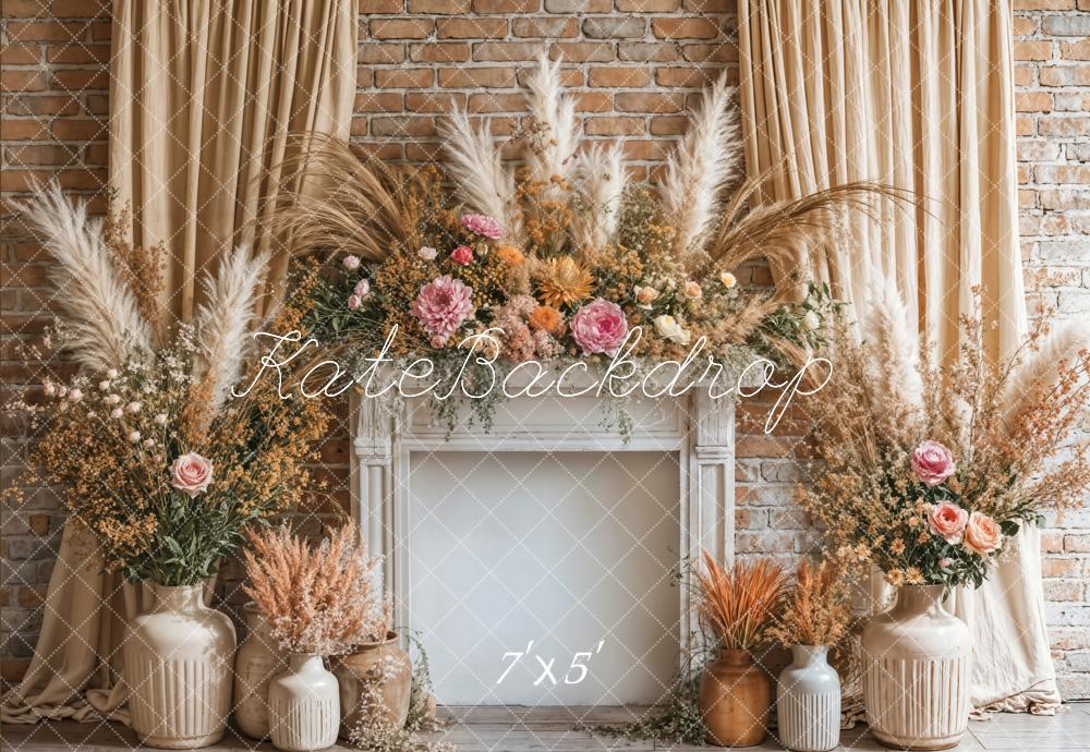 Kate Boho Floral Fireplace Curtain Beige Backdrop Designed by Emetselch