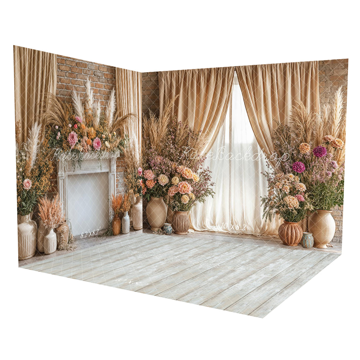 Kate Boho Floral Fireplace Curtain Beige Room Set