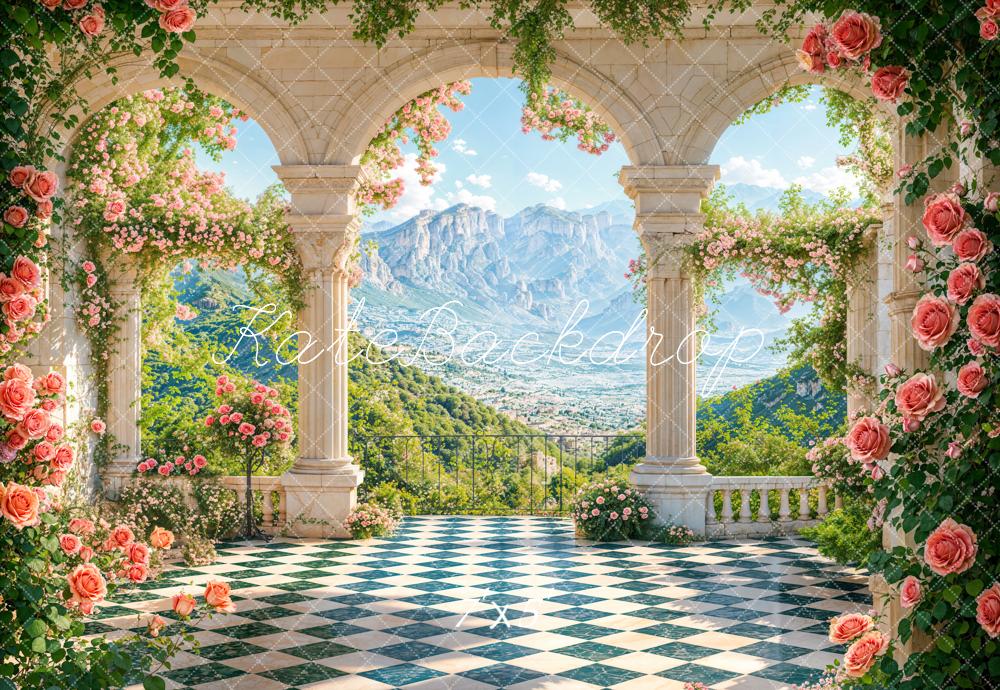 Kate Spring Floral Terrace Arch Mountain Backdrop Designed by Emetselch