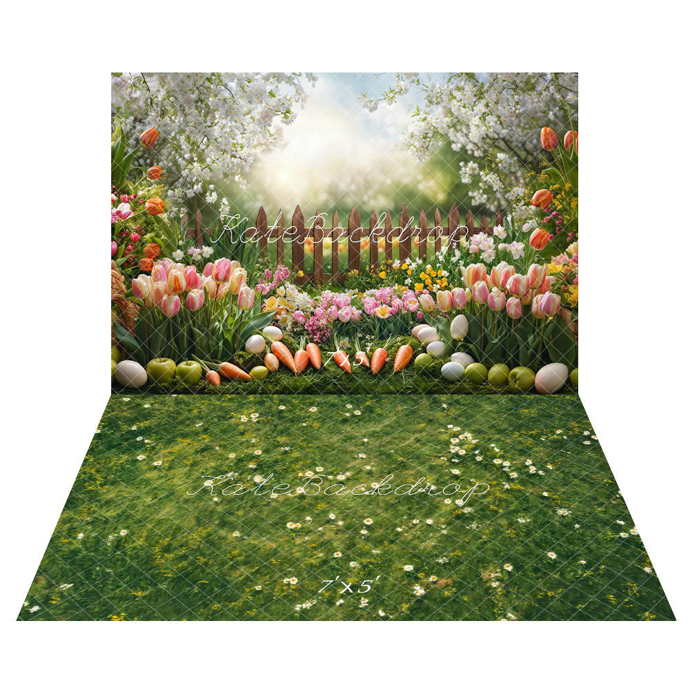 Kate Easter Garden Floral Carrots Fence Backdrop+Spring Grass Floor Backdrop -UK