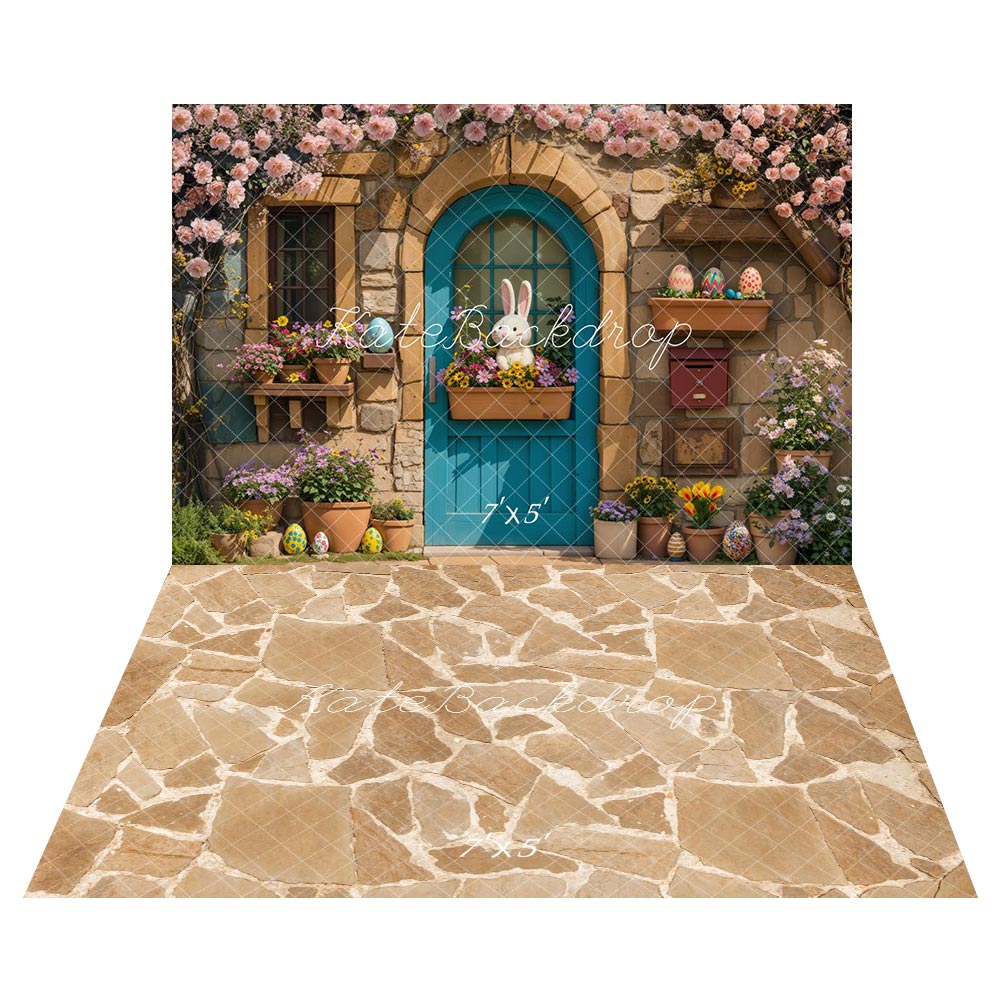 Kate Easter Bunny Floral House Backdrop+Light Brown Cobblestone Floor Backdrop -UK