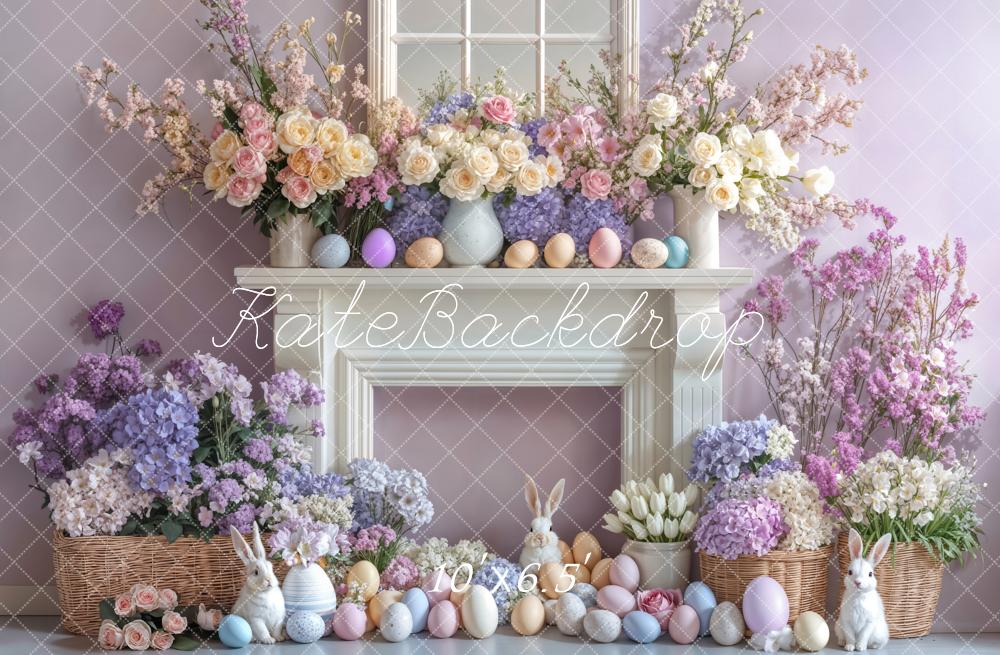 Kate Easter Bunny Flowers Fireplace Purple Backdrop Designed by Emetselch