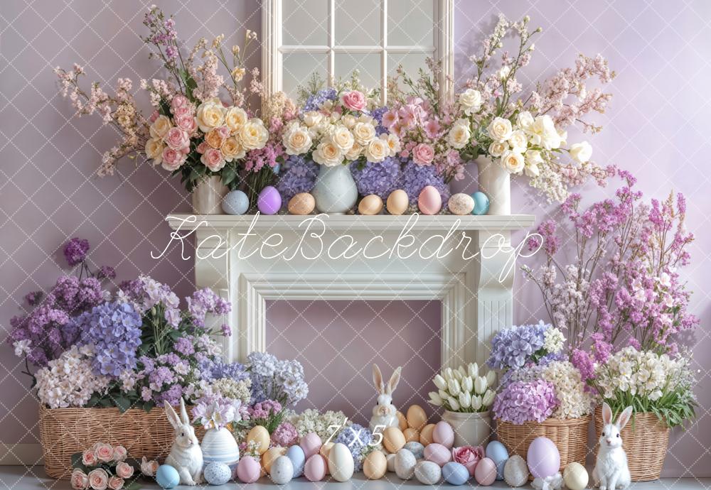 Kate Easter Bunny Flowers Fireplace Purple Backdrop Designed by Emetselch