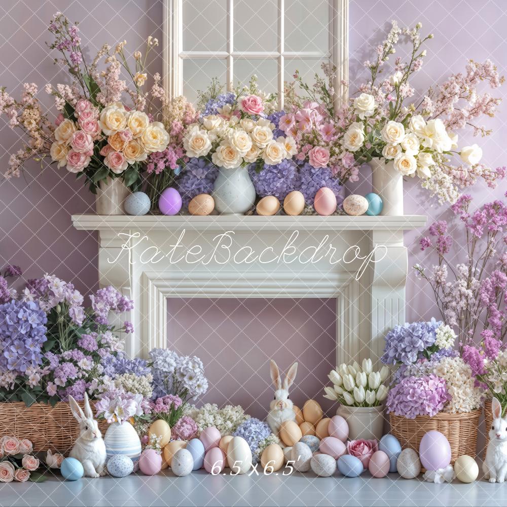 Kate Easter Bunny Flowers Fireplace Purple Backdrop Designed by Emetselch -UK