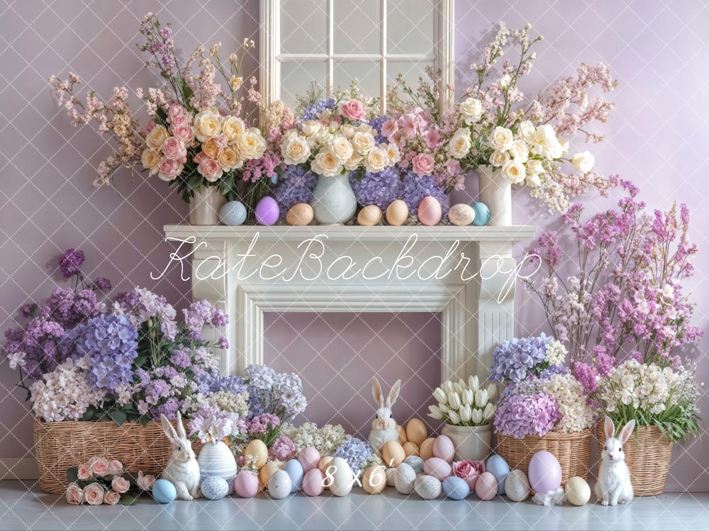 Kate Easter Bunny Flowers Fireplace Purple Backdrop Designed by Emetselch