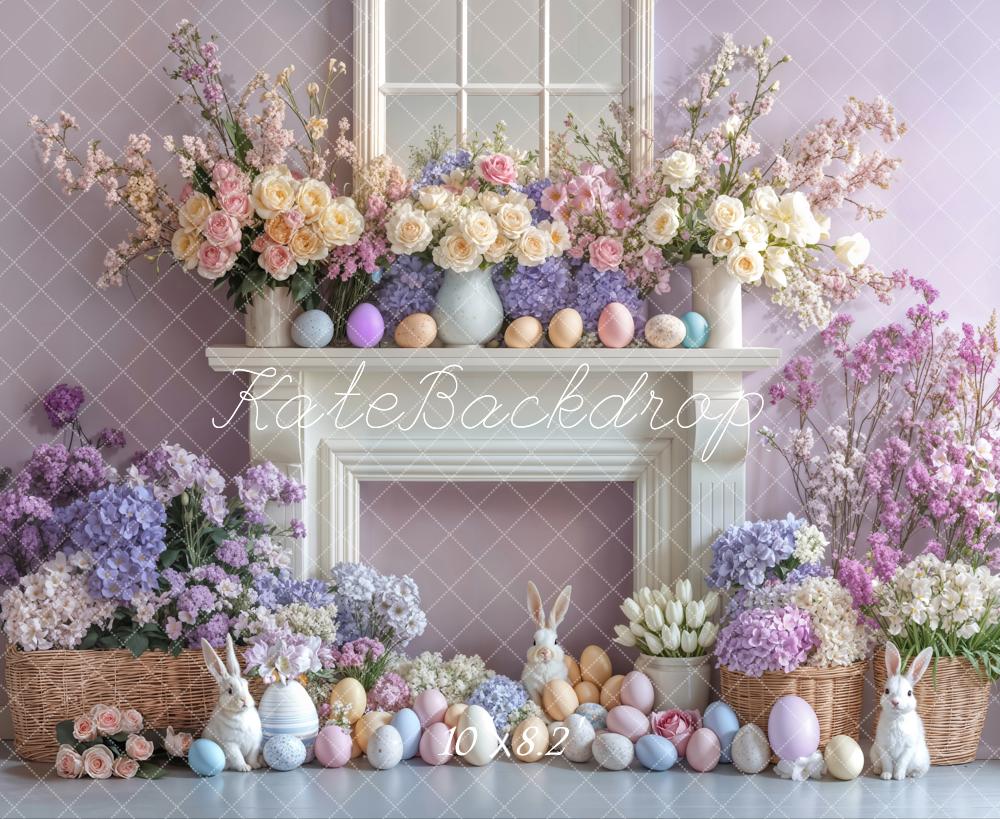 Kate Easter Bunny Flowers Fireplace Purple Backdrop Designed by Emetselch