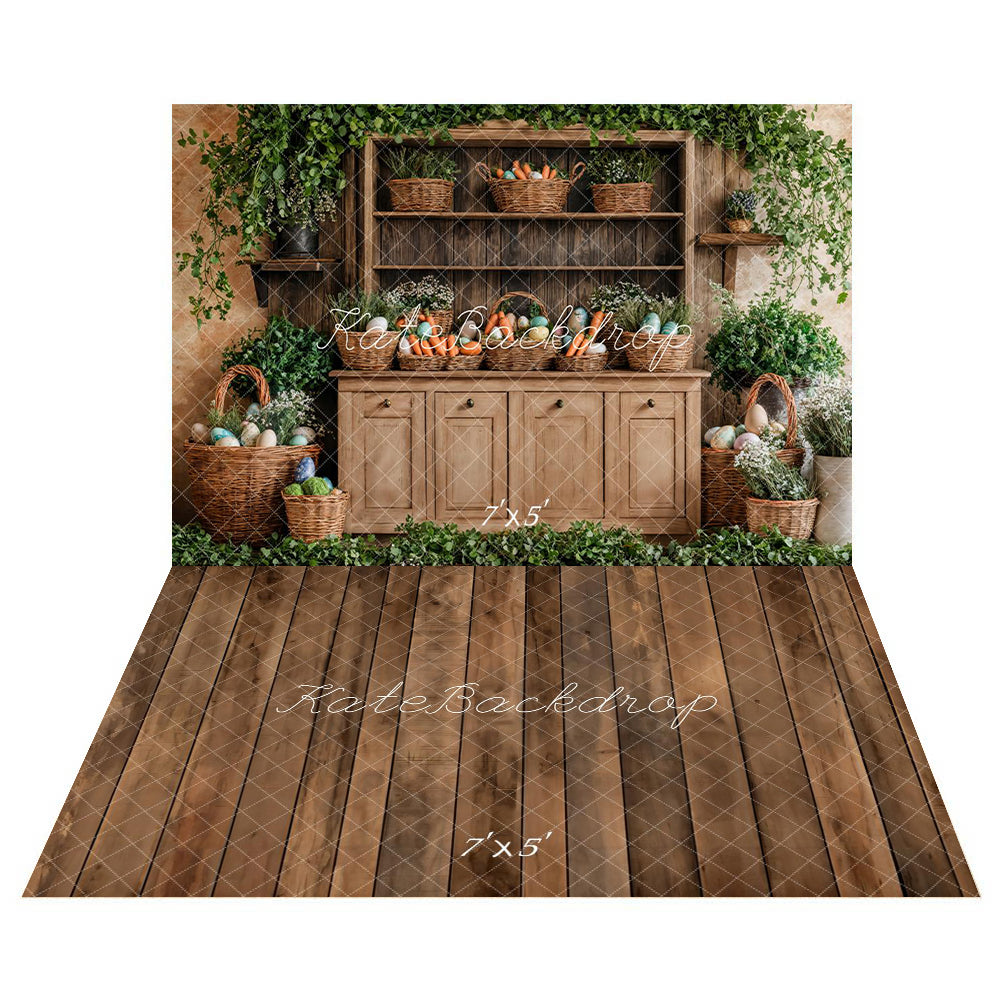 Kate Easter Basket Wood Cabinet Backdrop+Brown Old Wooden Floor Backdrop -UK