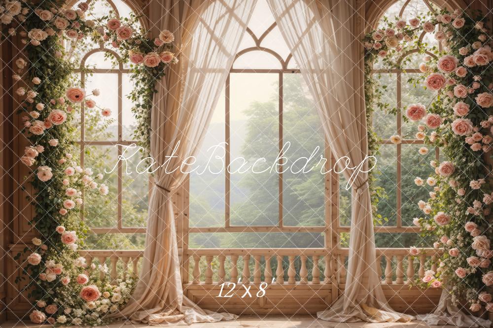 Kate Spring Pink Flowers Window Room Fleece Backdrop Designed by Emetselch -UK