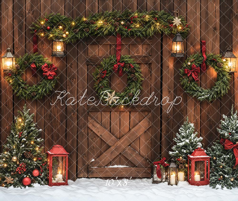 Kate Christmas Brown Wood Door Wreaths Backdrop Designed by Emetselch -UK