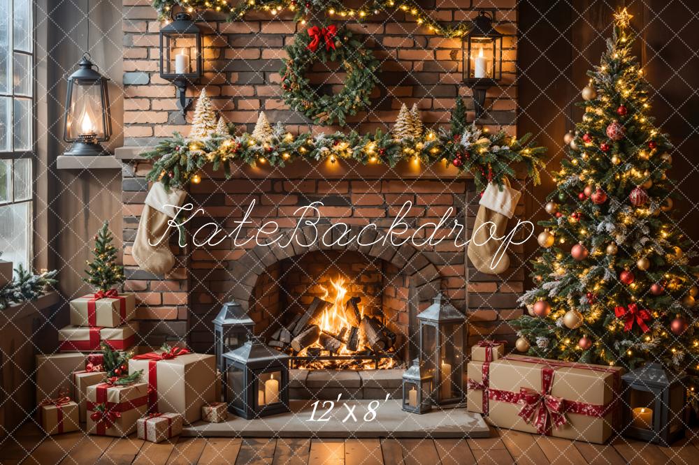 Kate Christmas Fireplace Tree Brick Wall Backdrop Designed by Emetselch -UK