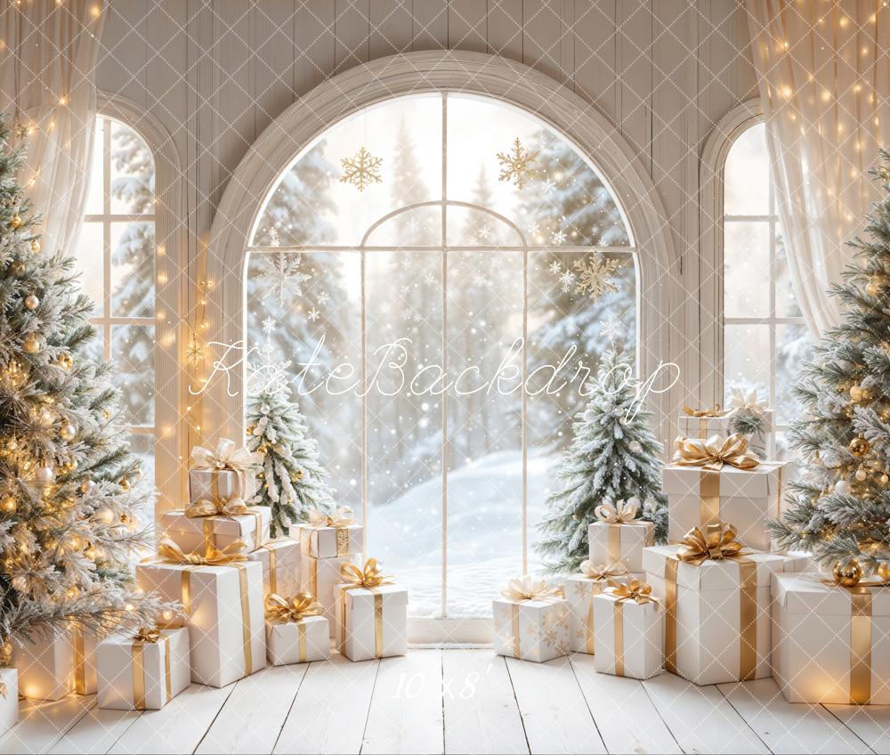 Kate White Arch Window With Christmas Tree Gifts Backdrop Designed by Emetselch -UK