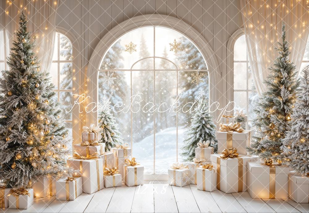 Kate White Arch Window With Christmas Tree Gifts Backdrop Designed by Emetselch -UK