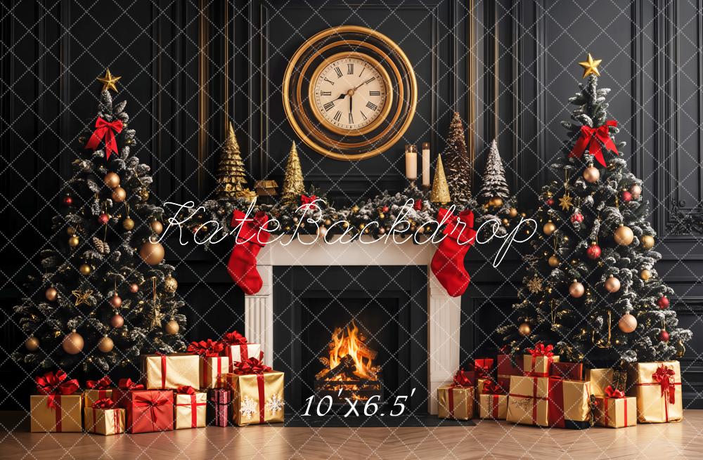 Kate Christmas Trees Fireplace Clock Retro Wall Fleece Backdrop Designed by Emetselch -UK