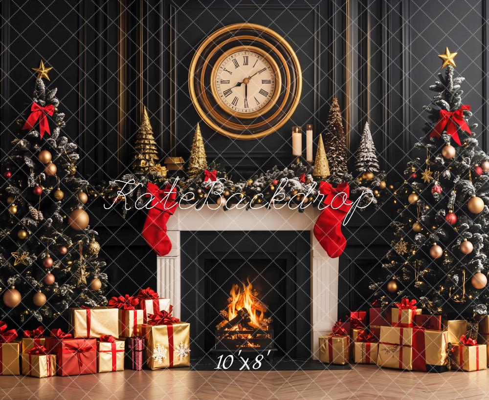 Kate Christmas Trees Fireplace Clock Retro Wall Fleece Backdrop Designed by Emetselch -UK