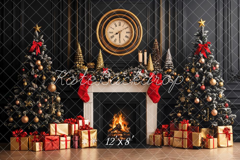 Kate Christmas Trees Fireplace Clock Retro Wall Fleece Backdrop Designed by Emetselch -UK