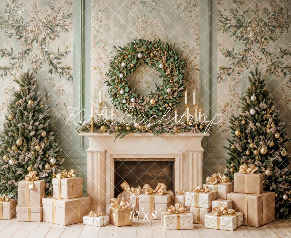 Kate Christmas Fireplace Tree Wreath Green Retro Wall Backdrop Designed by Emetselch -UK