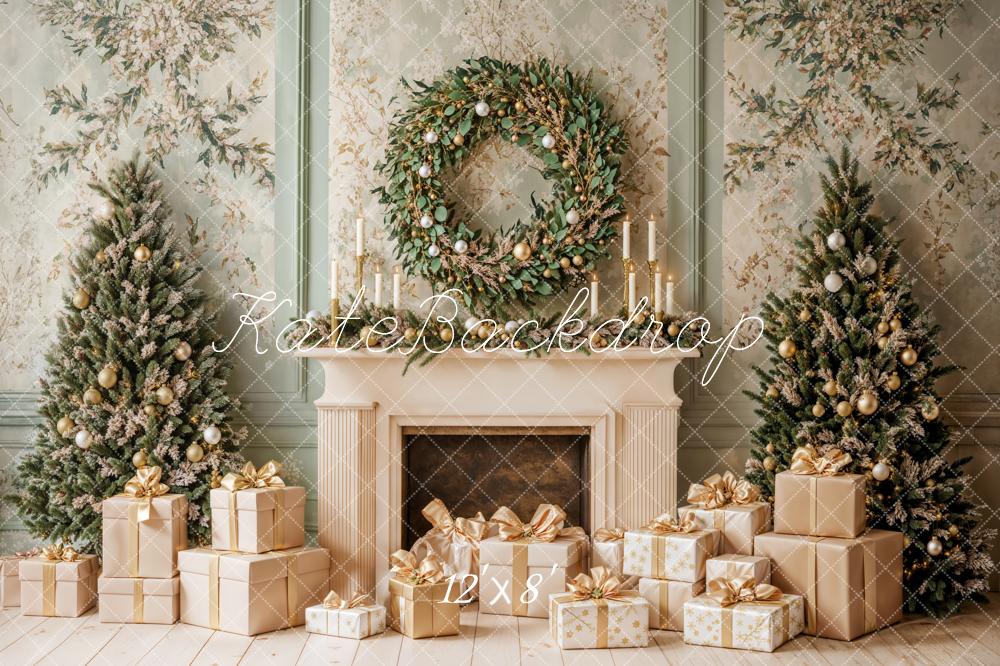 Kate Christmas Fireplace Tree Wreath Green Retro Wall Backdrop Designed by Emetselch -UK