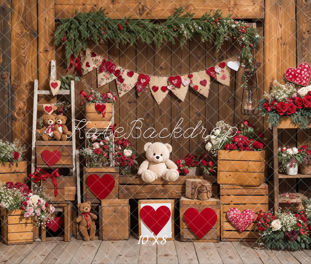 Kate Valentine's Day Rustic Teddy Bear Heart Backdrop Designed by Emetselch -UK